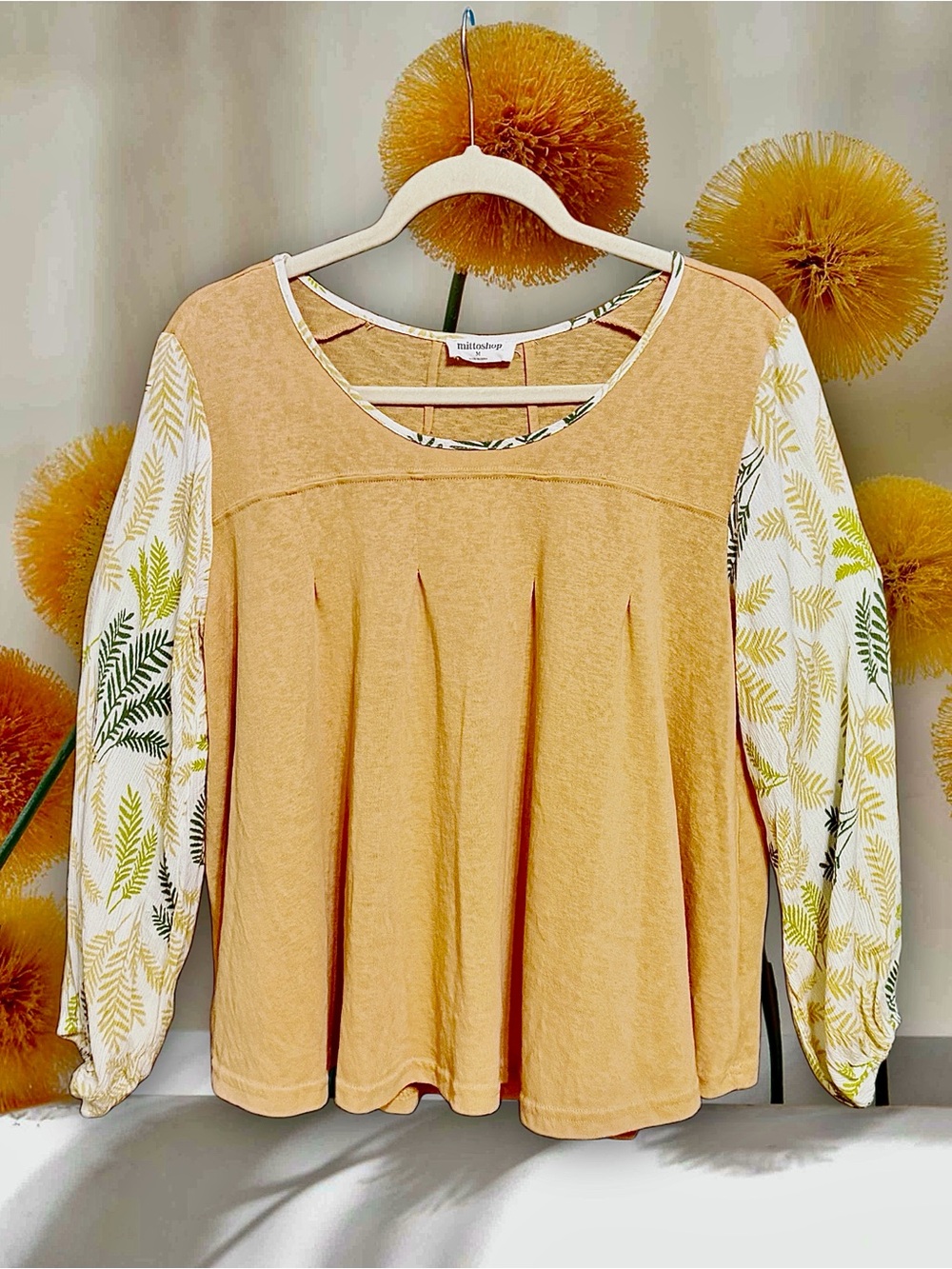 Mittoshop Mustard Top with Printed White and Green Balloon Sleeves size Medium